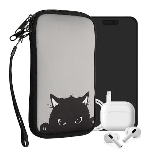 Image of kwmobile Neoprene Sleeve for Smartphone Size L - 6.5" - Shock Absorbing Pouch Case - Protective Phone Bag - Curious Cat Grey/Black