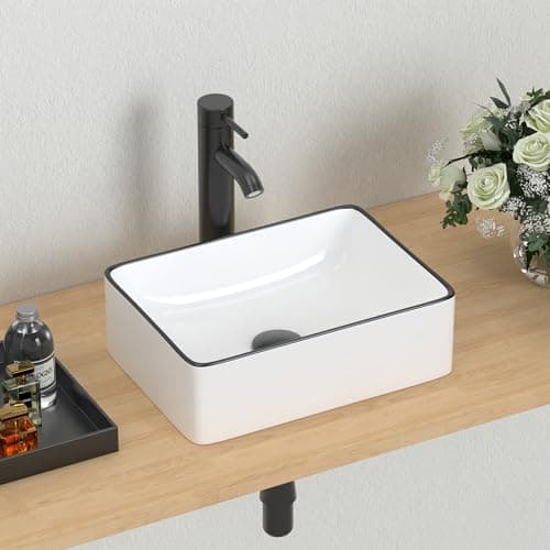 Image of J-FAMILY Modern Bathroom Small Vessel Sink Above Counter Porcelain Ceramic Rectangular Wash Basin Black Trim Decoration Lavatory Wash Hand Basin,370 x 270 x 115mm