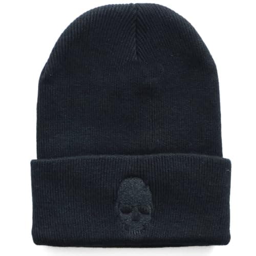 Image of RALSPEC Black Boys Mens Beanie Hat w Skull Skeleton Logo Warm Winter Wool Knit Headwear Goth Gothic Punk