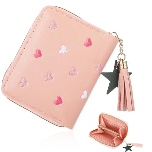 Image of Yuanchu Cute Tassel Zipper Wallet, Small Star Pendant Purse PU Leather Coins Pocket Waterproof Lightweight Purse with Embroidery Hearts for Women Gift