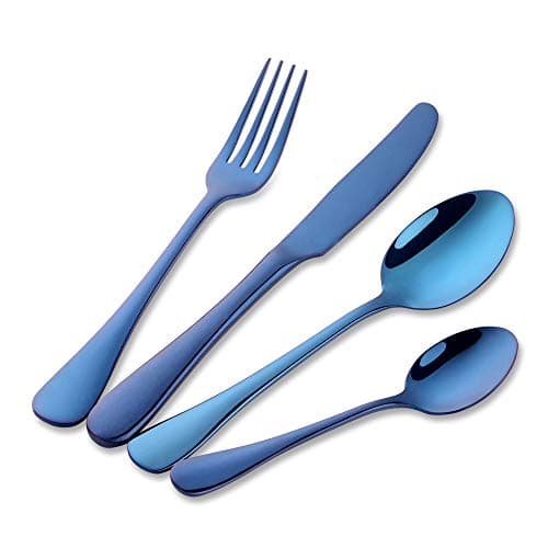 Image of Buyer Star 4 Set Stainless Steel Cutlery Set Blue Flatware Set Knives and Forks Sets Dessert Spoon Teaspoon