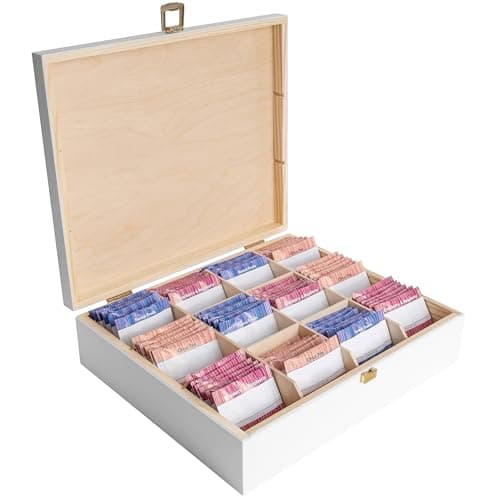 Image of Creative Deco White Wooden Tea Box Storage Lid | 12 Compartments | 29x25.5x7.5cm | Natural Wood | Luxury Compartment Organiser Keepsake Caddy Chest Easter | Chocolate Coffee | Gift Box