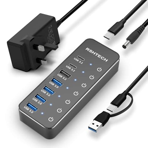 Image of RSHTECH Powered USB Hub 3.1/3.2 Gen2, 7-Port USBC Hub with 4 USB 3.0, 10Gbps USB-A & 2 USB-C Data Ports, Aluminum USB3.2 Splitter for Laptops, PC and More (Upgraded Version, RSH-ST07C)