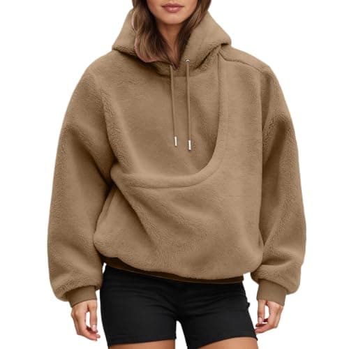 Image of Sherpa Hoodies with Kangaroo Pouch Funny Sweatshirts with Cat Pocket Dog Puppy Carrier Winter Warm Fuzzy Fleece Pullover Cute Pet Holder Long Sleeve Tops for Pet Animal Lover Khaki