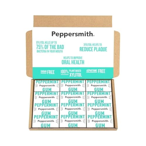 Image of Peppersmith - British Peppermint Chewing Gum - Vegan Friendly - 100% Xylitol Plant Based Sweetener - Fresh Breath - Sugar Free Gum - Benefits Oral Health - Pocket Packs - 12x15g