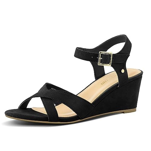 Image of PIZZ ANNU Womens Wedge Sandals Elegant Crossover Ladies Ankle Strap Mid Heel Open Toe Strappy Summer Shoes Black Suede Size 8