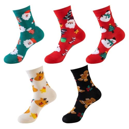 Image of Christmas Socks Women Men, 5 Pairs Festive Novelty Santa Reindeer Snowman Gingerbread Socks, Soft Cozy Winter Holiday Socks Gift Set for Friends & Family