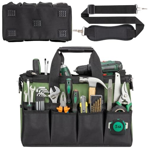Image of GRENTOOL Tool Bag 18 Inch, 18 Pockets Soft Tool Box Organizer, Wide Mouth Portable Toolbox for Mechanics, DIY, Heavy Duty Storage with Waterproof Hard Bottom, Gift for Him Dad Men, Green
