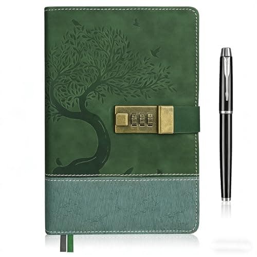 Image of SIMDAO A5 Leather Journal with Lock, 100gsm Password Locking Journals with Pen for Women & Men, 200 Pages Diary with Lock for Writing, Leather Hardcover Lined Notabook for Gift, Green