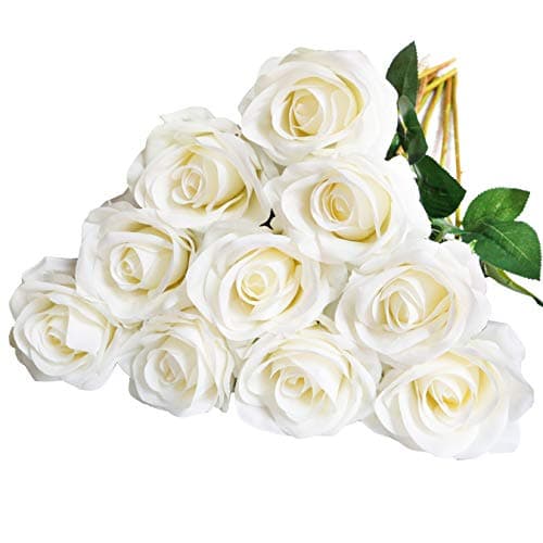 Image of DuHouse 10Pcs Artificial Roses Fake Silk Flowers Realistic Bridal Bouquets with Single Long Plastic Stems for Arrangement Wedding Table Centerpiece Party Home Decor(White)