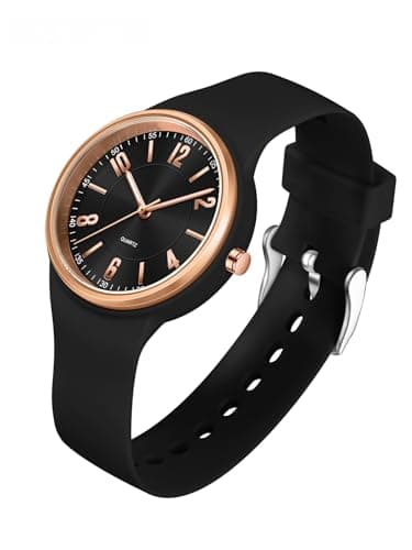 Image of GBB Women's Quartz Watch Soft Silicone Strap Ladies Watches Analog Quartz Watches with Luminous Easy-Read Dial Fashion Wrist Watch for Students Women Men Unisex (Black Rose Gold)