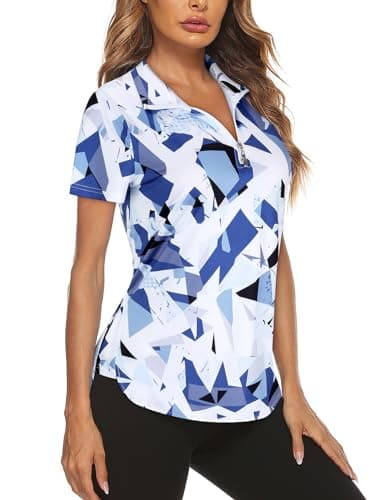 Image of Gemulate Ladies Short Sleeve Golf Polo Shirts Tops Floral Woman Clothes Shirts Half Zip up Blouse Gym Sports Clothes Light Blue M