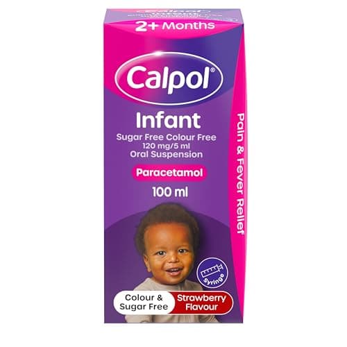 Image of Calpol Infant Oral Suspension (1 x 100ml), Sugar-Free Strawberry Flavour Paracetamol for Kids, Relieves Pain and Fever, Baby Medicine Syringe, Soothed Symptoms After 1 Dose, Gentle on Tummies