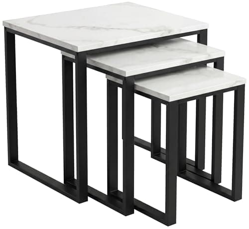 Image of Blisswood Nesting Tables Set of 3, Industrial Marble Effect Nest of Tables with Metal Frame, Stackable End Side Table for Living Room Bedroom, Space Saving Stacking Sofa Tables for Small Spaces, White