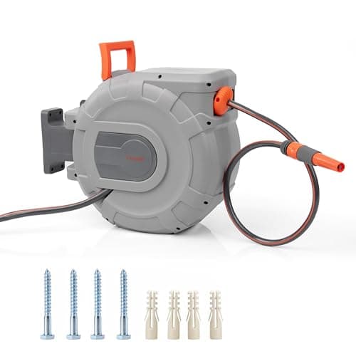 Image of Crystals Hose Reel – Wall Mounted Hose Reels for Garden, Retractable, Auto Lock & Auto Rewind Pipe 180°, Includes Wall Fixings & Ready for Outdoor Use with Nozzle, Accessories, Grey (25m Hose Reel)