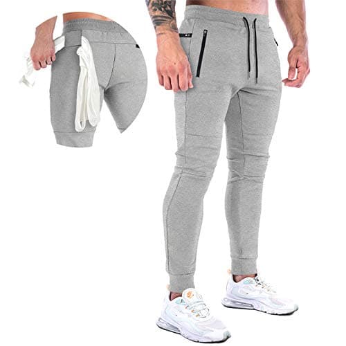 Image of MakingDa Tracksuit Bottoms Men Slim Fit Gym Joggers Training Pants Tapered Skinny Cuffed Sweatpants Jogging Activewear Trousers Elastic Waist Drawstring Zip Pockets-Grey-XL