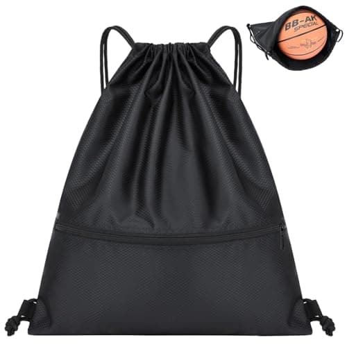 Image of Drawstring Bags, Drawstring Gym Bag, Waterproof Oxford Cloth PE Bags with Mesh Pockets, School Girls Boys Backpack Swimming Bag with Outside Zipper, Sports Yoga Beach Football for Women Men(Black)