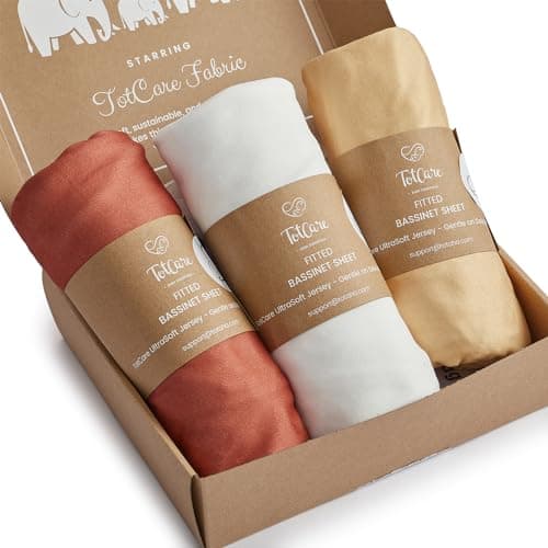 Image of TotCare Bassinet Fitted Sheets for 4moms Mamaroo Sleep Bassinet - Fits 18 x 30 Inch Oval Bassinet Mattress - Buttery Soft, Premium Stretchy Jersey Sheets - Burnt Orange+Mustard Yellow+ Gray, 3 Pack