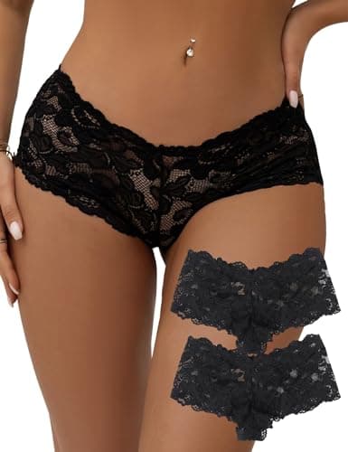 Image of ohyeahlady Women Lace French Knickers Ladies Cotton Crotch Hipster Panties Brazilian Cheeky Underwear 2 Pack Sexy Bikini Briefs Black