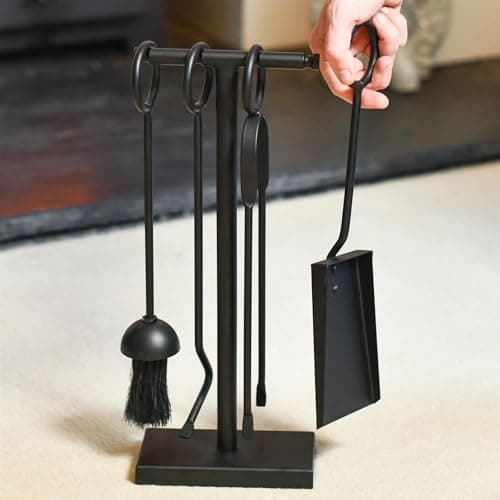 Image of Black Contemporary Loop Handle Four Piece Fireplace Accessories Companion Set - Fireside Tools with Poker, Tongs, Brush - Elegant and Functional Fireside Companion Set for Fire Log Burner