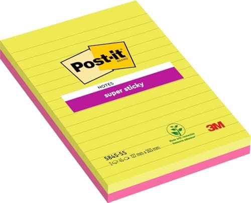 Image of Post-it Super Sticky Large Notes, Lined, 90 Sheets, Pack of 2 Pads, 127 mm x 203 mm - Holds Strong to Many Surfaces - Pink, Green - for Walls, Monitors and Fridge, Recycable