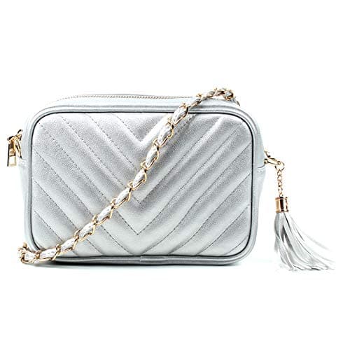Image of AOSSTA Women's Cross-Body Bag Designer Quilted Shoulder Bag for Women Handbag Tassel With Chain Strap (Silver, S)