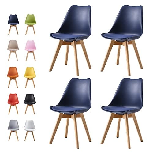 Image of mcc direct Set of 4 Dining Chairs Wooden Legs Soft Cushion Pad Stylish DELUXE Retro Lounge Dining Office EVA (Blue)