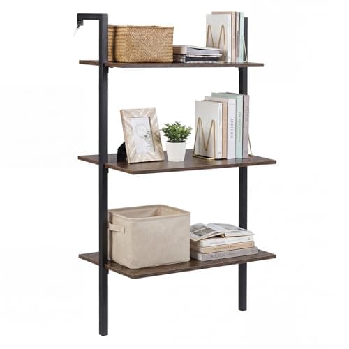 Image of COSTWAY 3-Tier Ladder Shelf, Floating Wall Bookshelf Open Display Rack, Metal Frame Wall Mounted Bookcase Storage Shelving Unit for Living Room, Kitchen, Office (Rustic Brown+Black, 53.5x29.5x96cm)