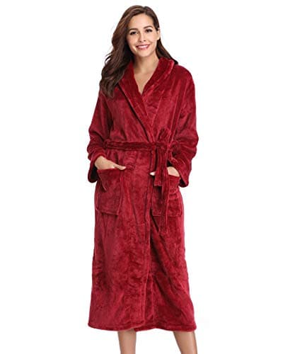Image of Vlazom Women Dressing Gown, Flannel Soft Robe Cosy Bathrobes Fluffy Warm Housecoat for Cold Winter Wine Red,XXL(UK 24-28)