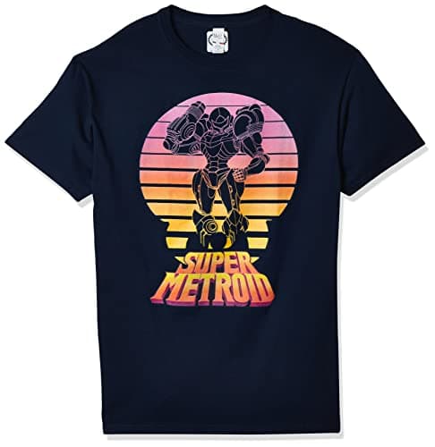 Image of Nintendo Men's Super Metroid Samus Retro Sunset T-Shirt, Navy Blue, Large