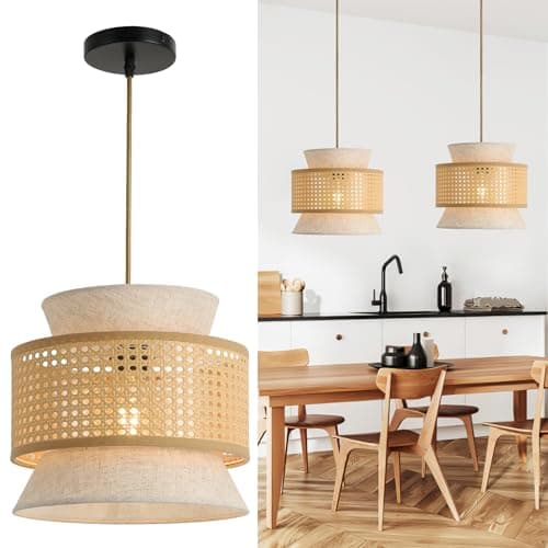 Image of FORCOSO Pendant Light Rattan+Fabric, Vintage Pendant Light, Boho Rattan Ceiling Light Ø29 cm, Hanging Lamp E27 max.60W for Dining Room Living Room Bedroom Hallway Kitchen Island - Brown/White