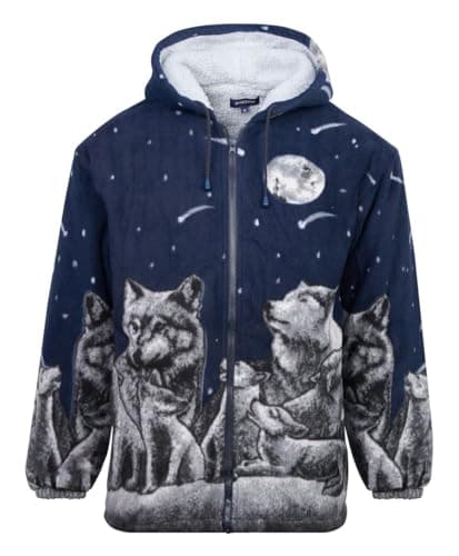 Image of U.S Trading Warm Winter Cosy Outdoor Fleece Wolf Print Jacket (UK, Alpha, XL, Regular, Regular, Dark Navy Hood)