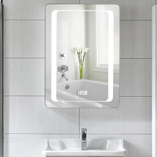 Image of Warmiehomy Bathroom Mirror Cabinets with LED Lights,500x700mm Illuminated Bathroom Mirror Cabinet with Shaver Socket Sensor Switch Demister Pad with Time