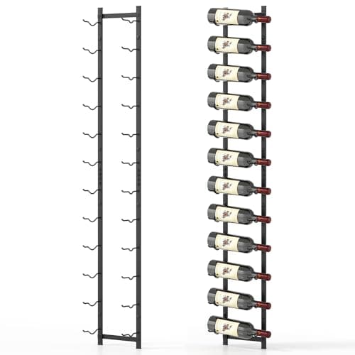 Image of COSTWAY Wall Mounted Wine Rack, 6/9/12 Bottles Hanging Metal Wine Display Shelves, Rust-proof Drinks Bottle Holder for Home Kitchen Dining Room Cellar Bar (12 Bottles, 22 x 13.5 x145cm)