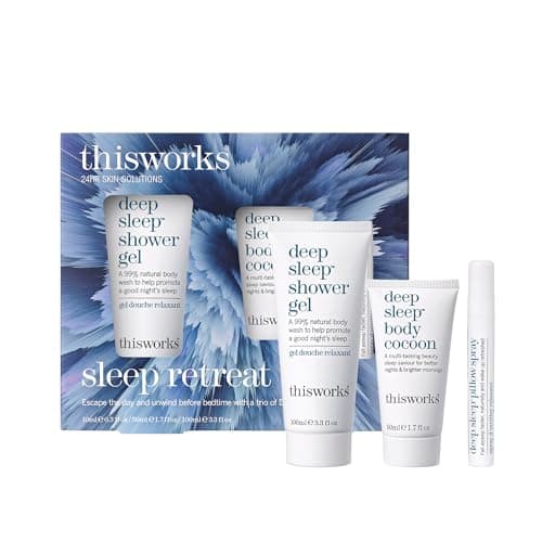 Image of This Works Sleep Retreat Gift Set - Travel Size Kit with Deep Sleep Pillow Spray and Shower Gel - Includes Deep Sleep Body Cocoon Body Lotion Infused with Lavender, Camomile and Vetivert to Aid Sleep