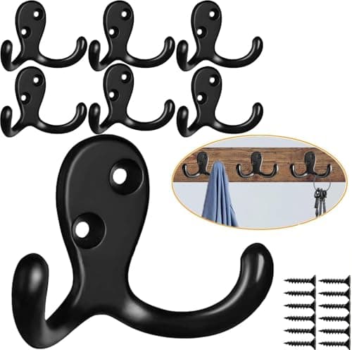 Image of ASENTER 6 Pack Heavy Duty Double Coat Hooks – Wall Mounted Metal Robe Hooks with Screws – Retro Dual Prongs Hat & Towel Rail – Durable Black Storage Solution for Hallway, Bathroom, Kitchen, Bedroom