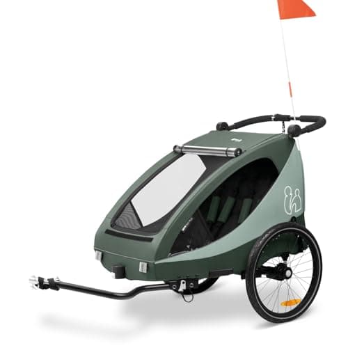 Image of hauck Dryk Duo Plus, Dark Green - 2in1 Kids Bike Trailer & Pushchair with Suspension 2 Seats Folding Bicycle Trailer with XL Storage, Tow Bar, Hitch, Pennant, Stroller Wheel & LED Rear Light