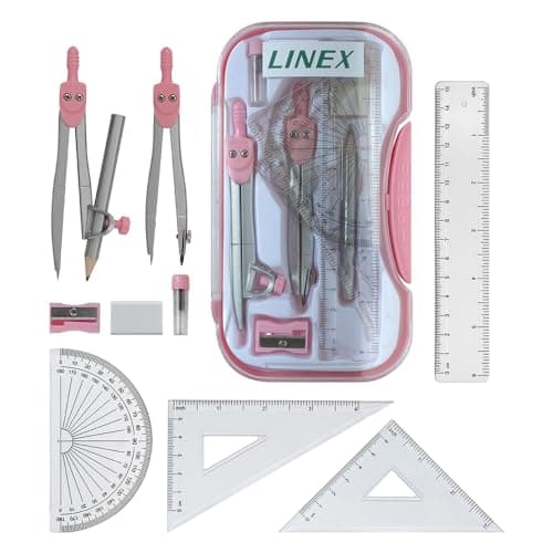 Image of Linex Maths Geometry Set, 10-Piece Exam Kit with Transparent Case, Pink, Includes Self-Centring Compasses, Protractor, Ruler, Set Squares & Eraser