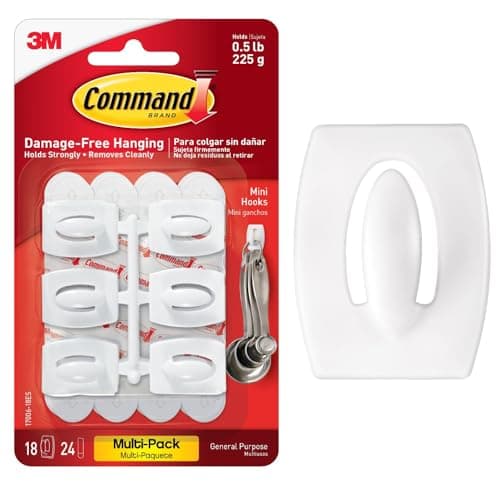 Image of Command Mini Hooks, Value Pack - Pack of 18 Hooks and 24 Adhesive Strips, White - Damage Free Hanging
