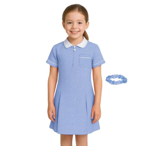 Image of SchoolStitch® Girls Gingham School Dress, Kids Short Sleeve Zip up Check Print Pleated School Uniform Girls Summer Dress with Side Pockets and Hair Bobble, Ages 3-20 Sky Blue