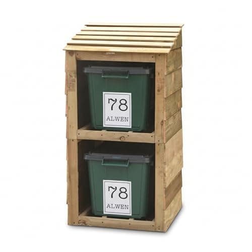 Image of Wooden Double Recycling Bin Storage (660 x 600 x 1135 mm) | Outdoor Weatherproof Bin Shed for 2 Bins | Pressure Treated Pine Wood | Garden Waste Box with 2 Free Personalised Labels | Made in UK
