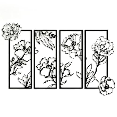 Image of hocadon 4 Pieces Metal Artwork for Wall Black Flower Metal Wall Art Minimalist Wall Decor Wall Sculptures for Living Room, Bedroom, Porch, Wall Decor