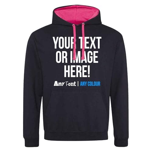 Image of Purple Print House Custom Varsity Hoodie Mens Hoody Personalised Printed Any Text Image Logo Workwear Company Contrast Colours, L, Black/Pink
