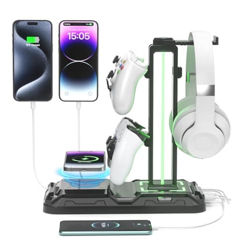Image of KDD Headphone Stand - Rotatable Controller Holder with Wireless Charging & 9 Light Modes, Gaming Headset Stand with 2 USB and Type C Ports - Controller Stand for Gamers Desktop Accessories (Black)
