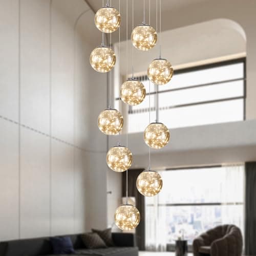 Image of Warmiehomy Staircase LED Chandelier,Dimmable Long Chandeliers for High Ceilings 10 Glass Balls,Modern Staircase Chandelier for Villa Living Room Foyer,50W,850LM(Gray)