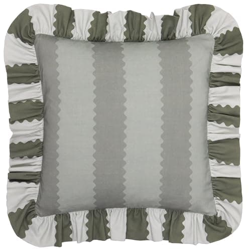 Image of furn. Wylder Birdie Stripe Polyester Filled Cushion – Ruffle Edge Cotton Striped Decorative Pillow (Baygreen/Mist – 45x45cm)