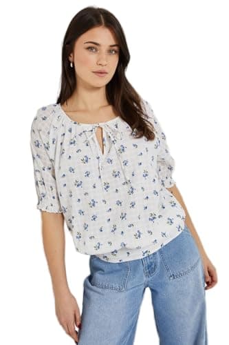 Image of Dorothy Perkins Tie Front Puff Sleeve Embroidered Seersucker Blouse, 10, White