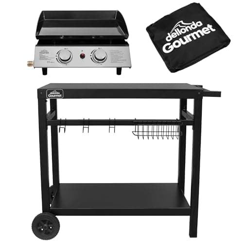 Image of Dellonda 2 Burner Portable Gas Plancha 5kW BBQ Griddle, Stainless Steel, Supplied with Water Resistant Cover & Trolley - DG249