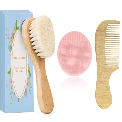 Image of MolYuan Baby Hair Brush, Goat Bristles Brush and Baby Cradle Cap Brush Set for Cradle Cap Wood Bristle for Newborns and Toddlers (3PCS(Pink Silicone Brush+Hair Brush+Wood Comb))