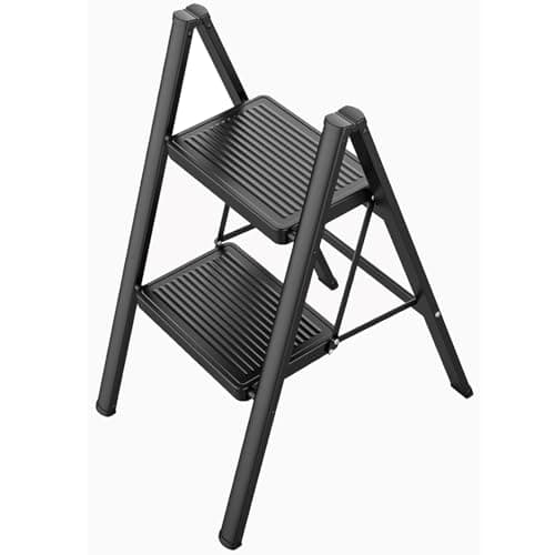 Image of Gr8 Home Black Portable 2 Step Ladder Foldable Stool Non Slip Tread Heavy Duty Metal Steel Compact Lightweight Folding Home DIY Kitchen Aid